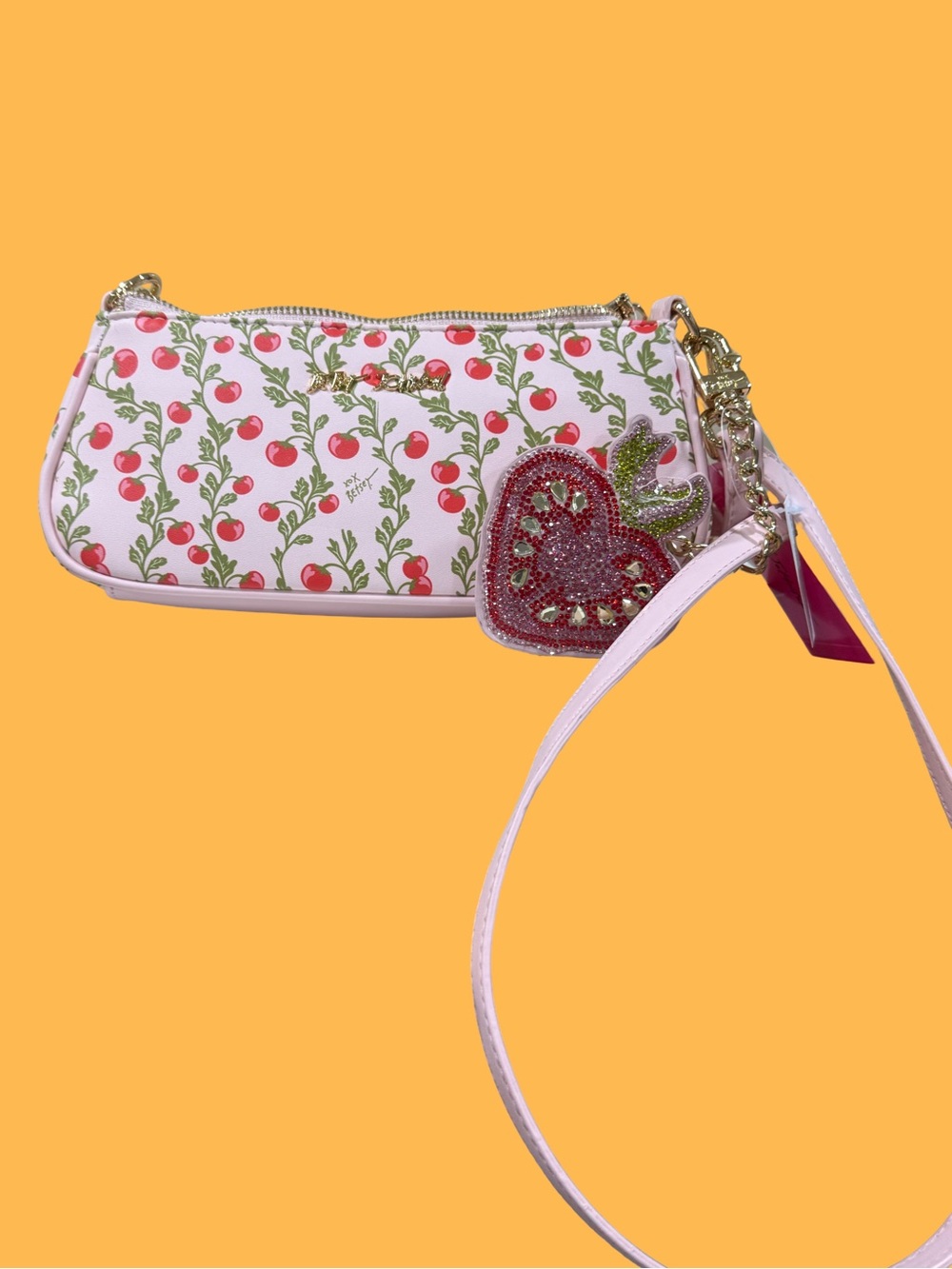 Betsey Johnson Pink Cherry Print Crossbody with Jeweled Heart Charm
